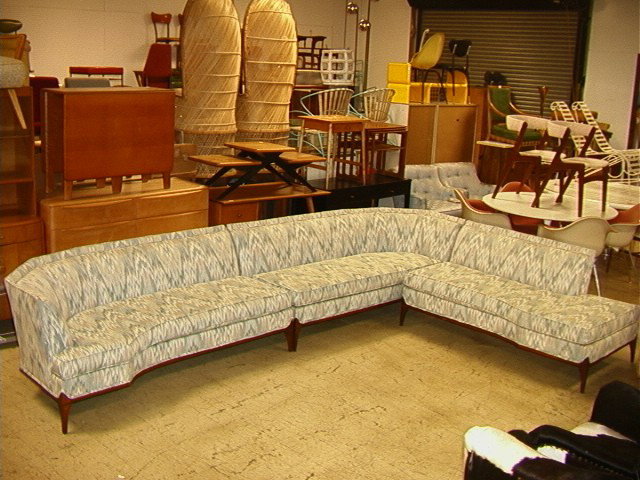 Three Section Couch Sofa. Two Bowed End Sections: Three Section Couch Sofa. Two Bowed End Sections & one straight section. Walnut frame. Flame stitch upholstery. Possibly DUNBAR. Living Room Set.-- Dimensions: H: 27.75 inches: D: 90 inches: L: 143 in