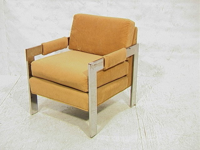 MILO BAUGHMAN style Chrome Lounge Chair by ROWE.: MILO BAUGHMAN style Chrome Lounge Chair by ROWE. Caramel color velour Upholstery. Wide Flat Chrome Frame. Padded upholstered arm.-- Dimensions: H: 30 inches: W: 26 inches: D: 28 inches --- Condition (