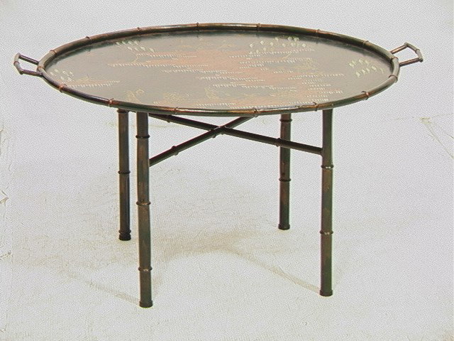 Italian Painted Iron Tea Coffee Table. Tray top.: Italian Painted Iron Tea Coffee Table. Tray top. Laverne style. Faux bamboo. Decorator.-- Dimensions: H: 18.5 inches: W: 35 inches: D: 27 inches --- Condition (General): Very Good Condition. Please co