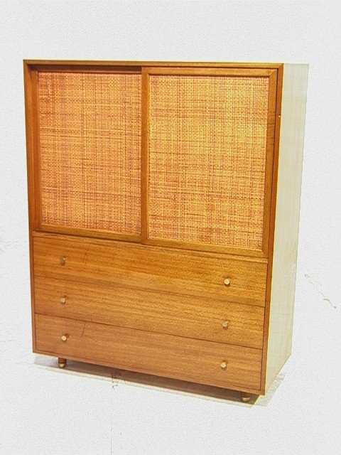 Harvey Probber Tall Chest Dresser Cabinet. Woven: Harvey Probber Tall Chest Dresser Cabinet. Woven doors with interior white drawers. Laminate top. Brass capped legs.-- Dimensions: H: 54 inches: W: 42 inches: D: 18 inches --- Condition (General): Som