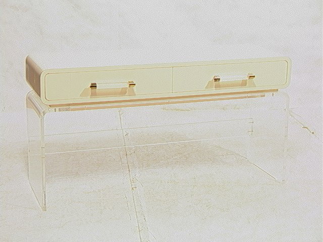 70's Modern Laminate and Lucite Acrylic Vanity Co: 70's Modern Laminate and Lucite Acrylic Vanity Console Table. -- Dimensions: H: 26.5 inches: W: 52 inches: D: 16 inches --- Condition (General): Splits to laminate. Please contact us with specific que