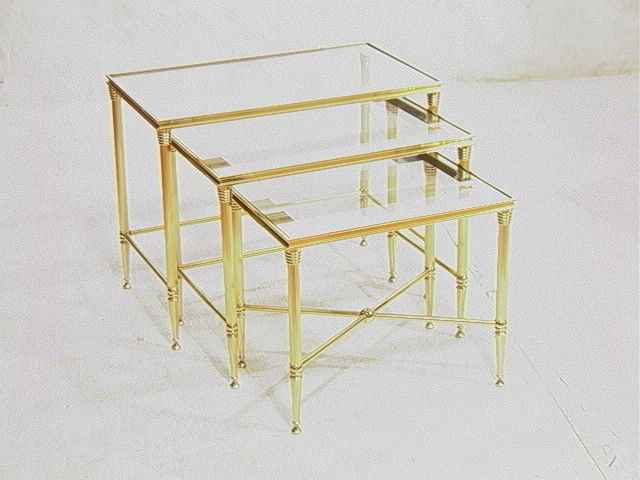 Regency Style Decorator Brass and Glass Nesting T: Regency Style Decorator Brass and Glass Nesting Tables. Mirror banded.-- Dimensions: H: 18.25 inches: W: 23.25 inches: D: 13.75 inches --- Condition (General): Very Good Condition. Please contact us w