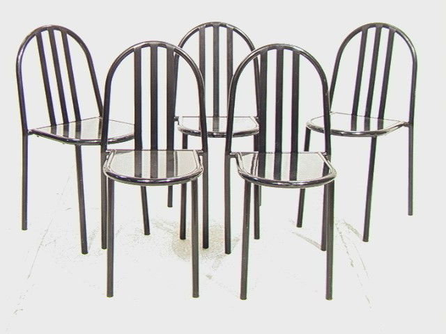 5pcs Robert Mallet-Stevens Stackable Chairs. Blac: 5pcs Robert Mallet-Stevens Stackable Chairs. Black enameled metal.-- Dimensions: H: 32 inches: W: 16 inches: D: 19 inches --- Condition (General): scratches scuffs small bend. Please contact us with s