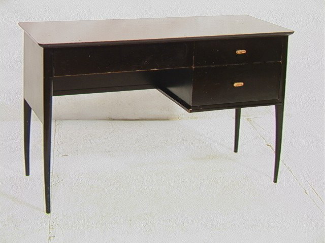 John Stuart Ebonized Desk with Tapered Legs. : John Stuart Ebonized Desk with Tapered Legs. -- Dimensions: H: 30 inches: W: 48 inches: D: 20 inches --- Condition (General): Wear and nicks to black. Please contact us with specific questions about c