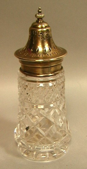 B.B. S.J.P. Sterling Crystal Sugar Caster. Diamon: B.B. S.J.P. Sterling Crystal Sugar Caster. Diamond cut pattern crystal base with pierced Sterling Silver top. Hallmarks.-- Dimensions: H: 6 inches: W: 2.25 inches --- Condition (General): Very Good Co