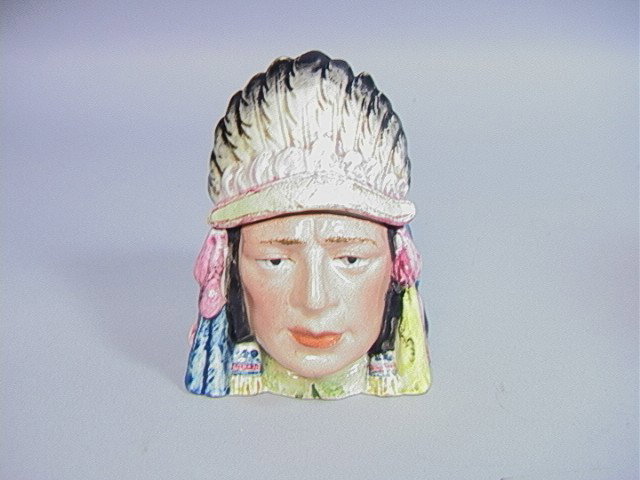 Majolica Indian Tobacco Jar, unmarked.: Majolica Indian Tobacco Jar, unmarked.-- Dimensions: H: 5 inches: W: 4 inches --- Condition (General): Good condition. Please contact us with specific questions about condition, not visible in the pho