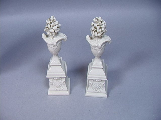 Nymphenburg Pair of Porcelain Flower Urns.: Nymphenburg Pair of Porcelain Flower Urns.-- Dimensions: H: 8 inches: W: 2.25 inches --- Condition (General): Good condition. Please contact us with specific questions about condition, not visible in 