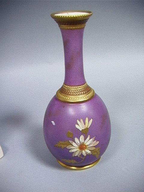 Wedgwood Painted Purple Floral vase.: Wedgwood Painted Purple Floral vase.-- Dimensions: H: 7.75 inches: W: 3.5 inches --- Condition (General): Good condition. Some crazing Please contact us with specific questions about condition, not vi