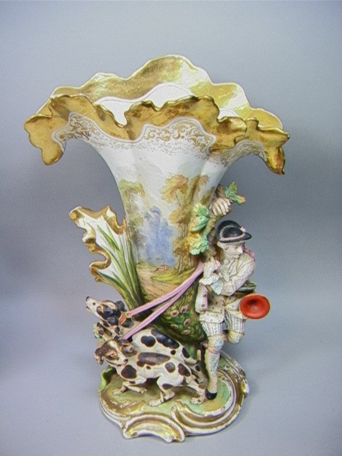 Paris Porcelain Vase with Dogs. Bisque and High g: Paris Porcelain Vase with Dogs. Bisque and High gloss porcelain.-- Dimensions: H: 16 inches: W: 10.5 inches --- Condition (General): Some wear. Repair to top edge. Please contact us with specific ques