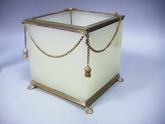 French Empire Bronze and Opaline Cachepot bowl wi: French Empire Bronze and Opaline Cachepot bowl with claw feet and acorn-- Dimensions: H: 8 inches: W: 7.75 inches --- Condition (General): Good condition. with two knobs missing that hold chain. Pleas