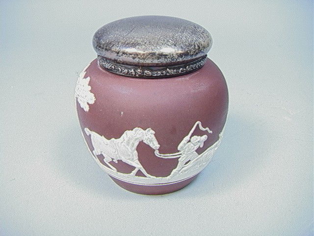 Spode Jasperware Hunt Scene Tobacco Jar, Brown. S: Spode Jasperware Hunt Scene Tobacco Jar, Brown. Sterling top.-- Dimensions: H: 3.75 inches: W: 4.5 inches --- Condition (General): Good condition. Please contact us with specific questions about condi