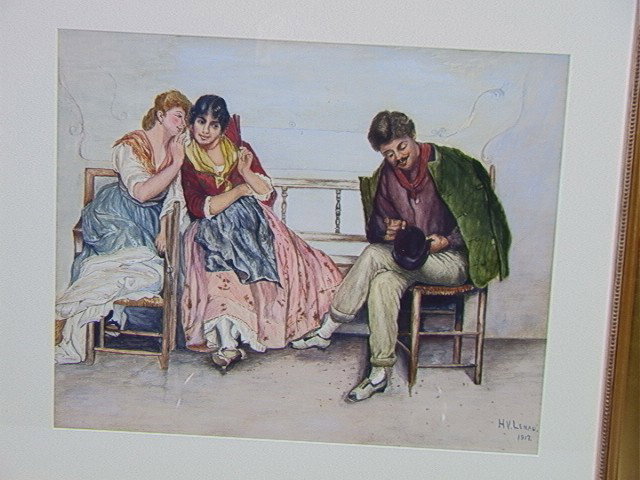 H V LENAU 1917 Watercolor of Girls with Suitor.: H V LENAU 1917 Watercolor of Girls with Suitor. -- Dimensions: H: 13 inches: W: 9.5 inches --- Condition (General): Very Good Condition. Please contact us with specific questions about condition, not 