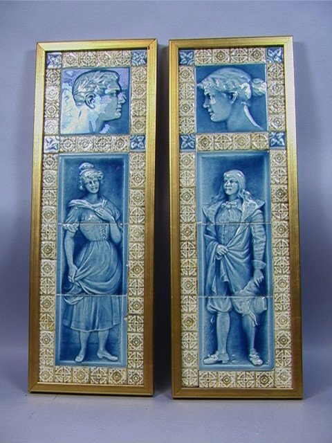Pr Victorian Tile Plaques: Pr Victorian Tile Plaques -- Dimensions: H: 28 inches: W: 8.5 inches --- Condition (General): Some crazing, some chips and cracks. Not examined out of frames. Please contact us with specific questions