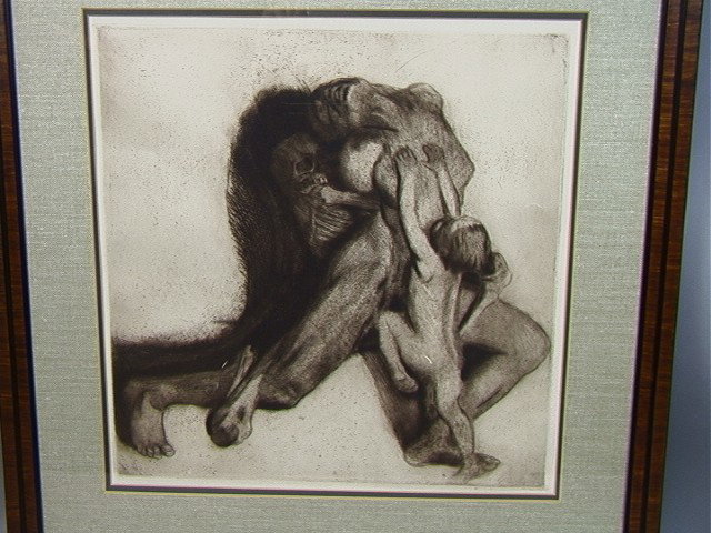 KATHE KOLLWITZ Death and Woman Etching Unsigned. D: KATE KOLLWITZ Death and Woman Etching Unsigned. Druck V.O. Felsing Berlin. Stamped-- Dimensions: H: 17 inches: W: 17 inches --- Condition (General): Good condition. Please contact us with specific que