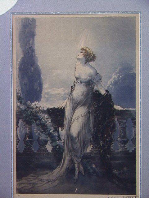 LOUIS ICART 1928 Etching of Woman on Balcony.: LOUIS ICART 1928 Etching of Woman on Balcony.-- Dimensions: H: 20 inches: W: 13.25 inches --- Condition (General): Excellent condition. Please contact us with specific questions about condition, not v