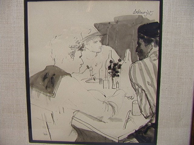 DE KNIGHT Ink wash drawing men at a Table. Titl: DE KNIGHT Ink wash drawing men at a Table. Titled "Restaurant" II-- Dimensions: H: 9.75 inches: W: 8.75 inches --- Condition (General): Good condition. Please contact us with specific questions about 