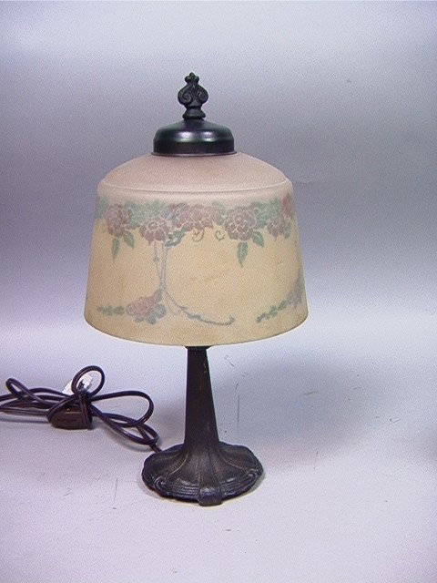Art Deco Boudoir lamp with reverse painted shade: Art Deco Boudoir lamp with reverse painted shade-- Dimensions: H: 13 inches: W: 7 inches --- Condition (General): Good condition. Some wear. Please contact us with specific questions about condition, 