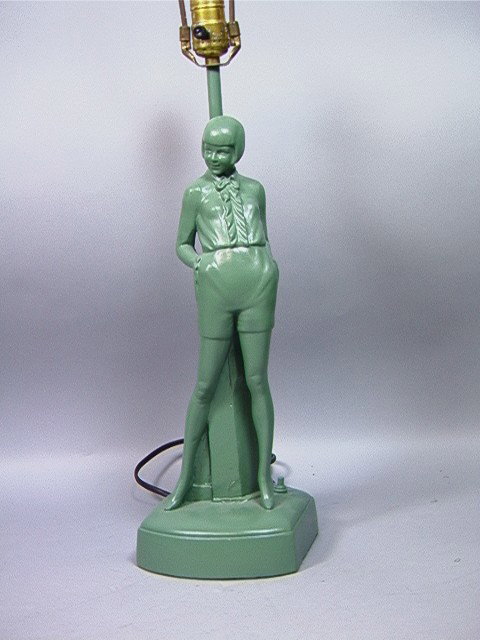 Deco Plaster lamp of woman.: Deco Plaster lamp of woman. -- Dimensions: H: 18.5 inches: W: 6 inches --- Condition (General): Repainted. Some loss to paint. Please contact us with specific questions about condition, not visible in