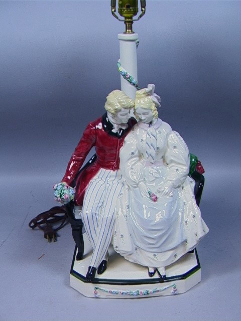 KERAMOS Austria Ceramic Table Lamp. A Couple sea: KERAMOS Austria Ceramic Table Lamp. A Couple seated on bench. Marked.-- Dimensions: H: 16.25 inches: W: 10 inches: L: 9 inches --- Condition (General): Very Good Condition. Please contact us with spec