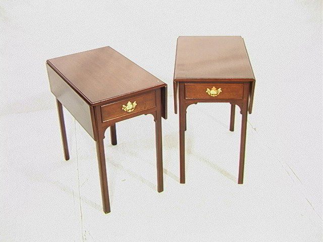 Pair Mahogany Pembroke Drop Side Tables. One dra: Pair Mahogany Pembroke Drop Side Tables. One drawer.-- Dimensions: H: 26 inches: W: 16 inches: D: 26 inches --- Condition (General): Very Good Condition. Please contact us with specific questions abou