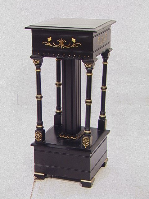 Ebonized Victorian Pedestal Stand with gold highl: Ebonized Victorian Pedestal Stand with gold highlights.-- Dimensions: H: 37.5 inches: W: 16 inches: D: 16 inches --- Condition (General): Good condition. Split to top (Possibly for secret compartment 