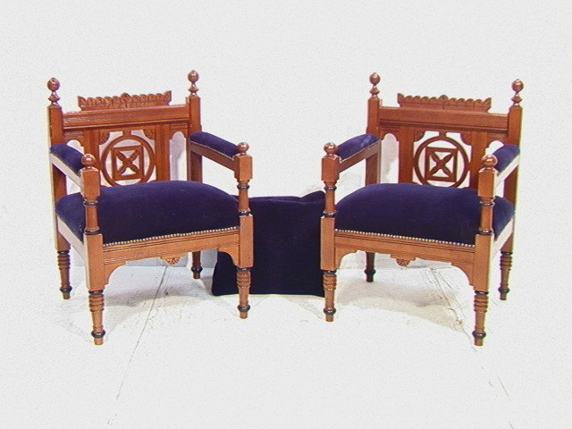 Pair Daniel Pabst style Victorian Chairs with Blu: Pair Daniel Pabst style Victorian Chairs with Blue mohair. Nice solid oak construction.-- Dimensions: H: 36 inches: W: 25 inches: D: 22 inches --- Condition (General): Very Good Condition. Please cont