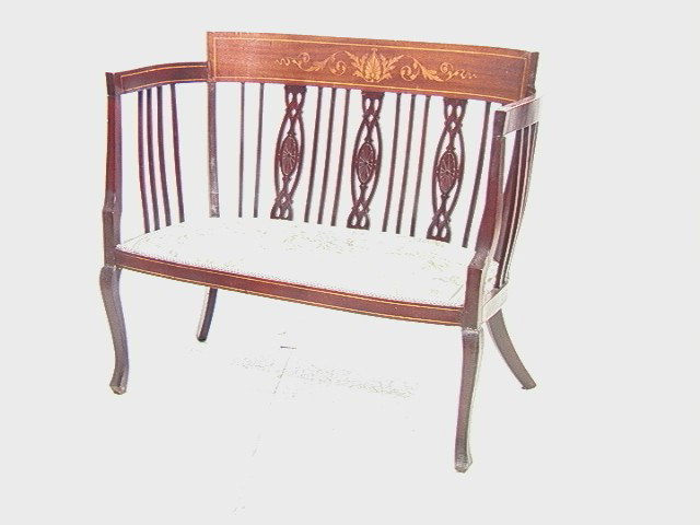 Inlaid Victorian Needlepoint settee.: Inlaid Victorian Needlepoint settee.-- Dimensions: H: 34 inches: W: 41 inches: D: 24 inches --- Condition (General): Few minor cracks, arms separating a little. Please contact us with specific questio
