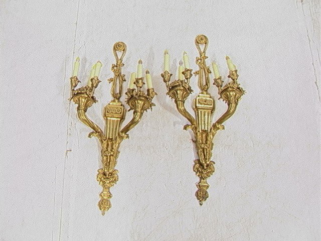 Pair of Heavy Bronze Wall Sconces. Fancy Gilt wit: Pair of Heavy Bronze Wall Sconces. Fancy Gilt with 6 lights. Drape design.-- Dimensions: H: 36 inches: W: 16 inches --- Condition (General): Good condition. Please contact us with specific questions a