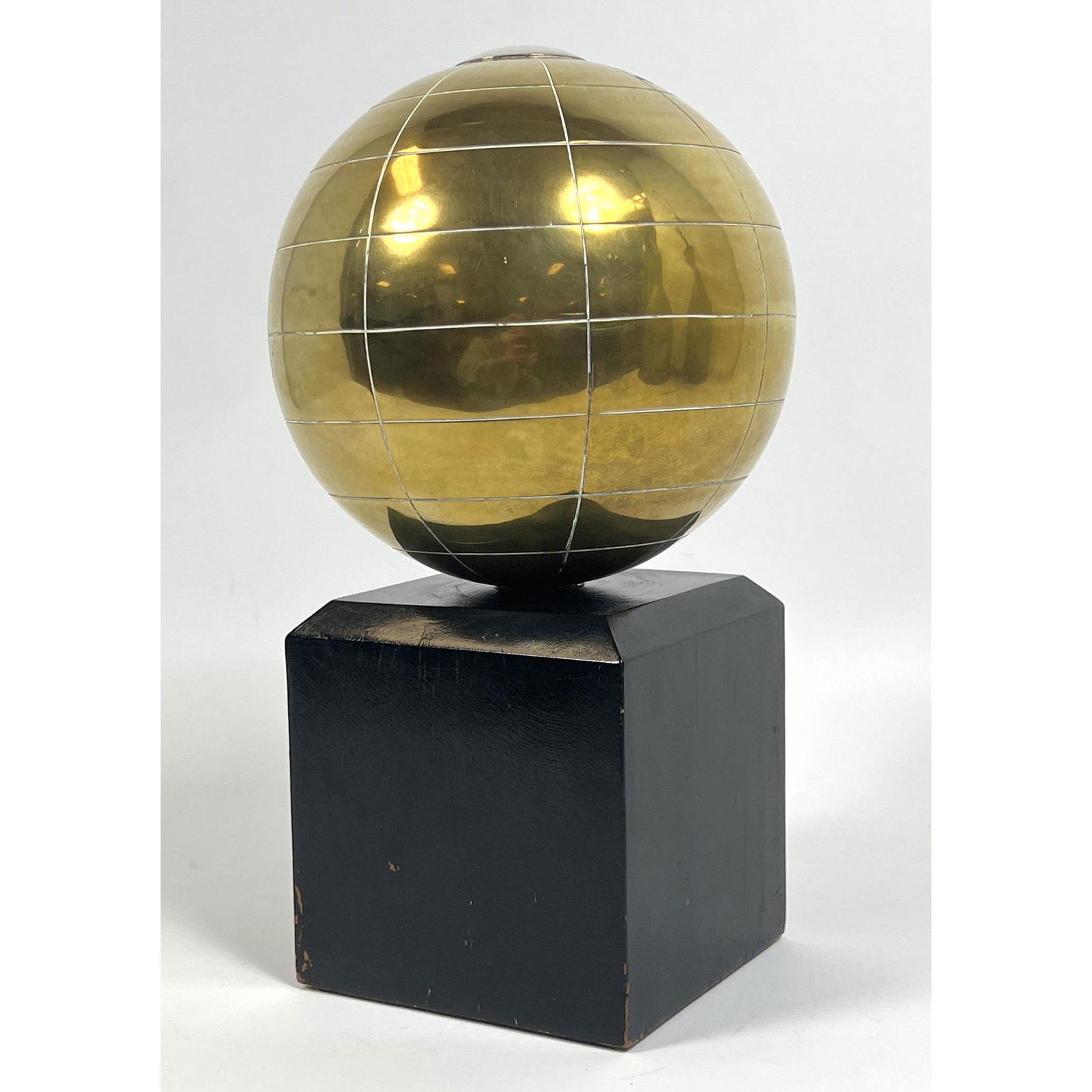 Modern Brass Sphere Ball Sculpture. Cube base. (1 of 7)