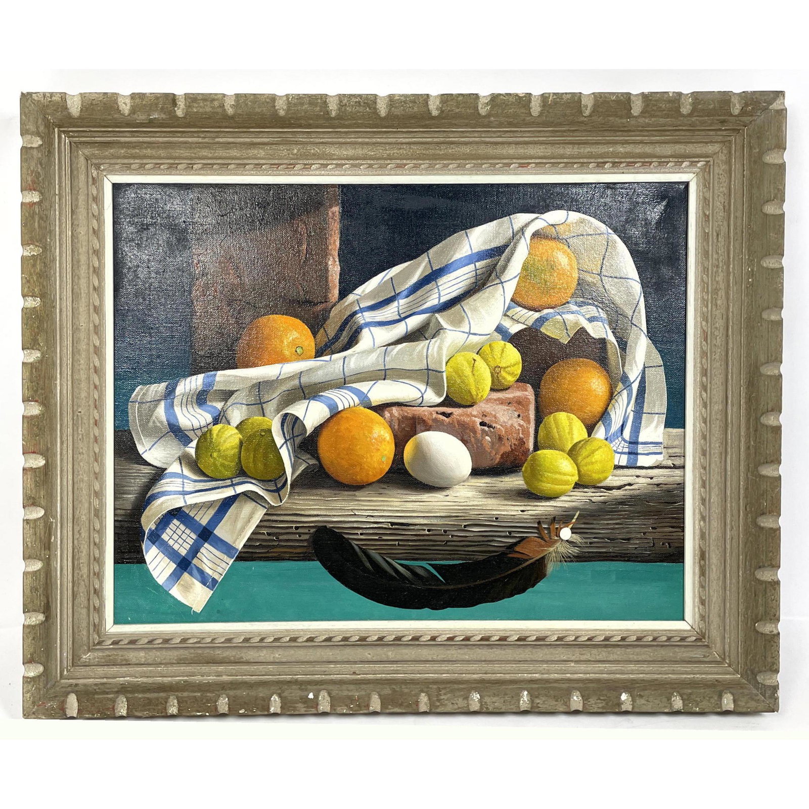 LODEWYK BRUCKMAN Trompe L'Oeil Painting. Still Life wi: LODEWYK BRUCKMAN Trompe L'Oeil Painting. Still Life with Lemons, Oranges and Bread. On Canvas. Signed and dated 1966 on front and reverse. Dimensions: H: 15 inches: W: 19.5 inches: Frame Height: 20.5 