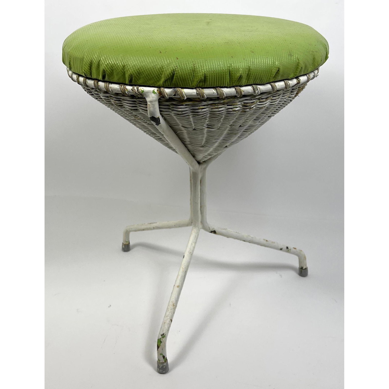Modernist Metal Pedestal Base Stool. Woven details. Gre: Modernist Metal Pedestal Base Stool. Woven details. Green vinyl seat. Dimensions: H: 18 inches: W: 15 inches: D: 15 inches ---