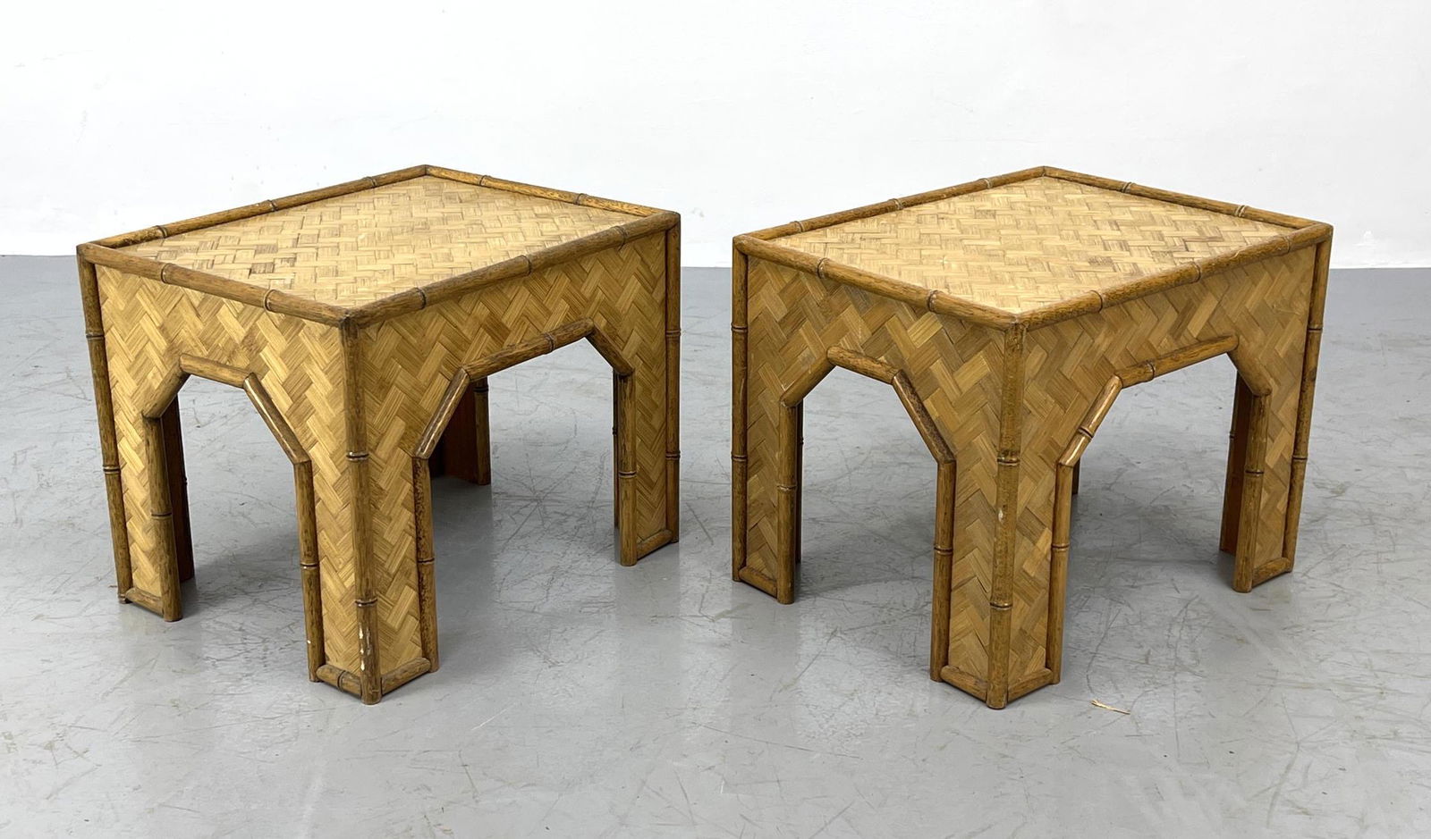 Pr Woven Rattan Bamboo Frame Side End Tables. Miami Mod (1 of 11)