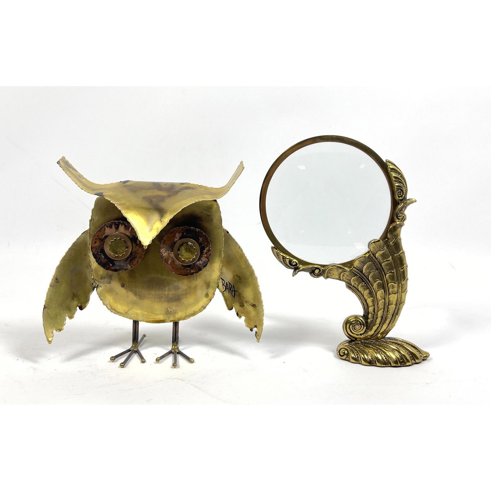 2pc Modern Metals Lot. 1) Signed BARA Metal Figural Owl (1 of 8)