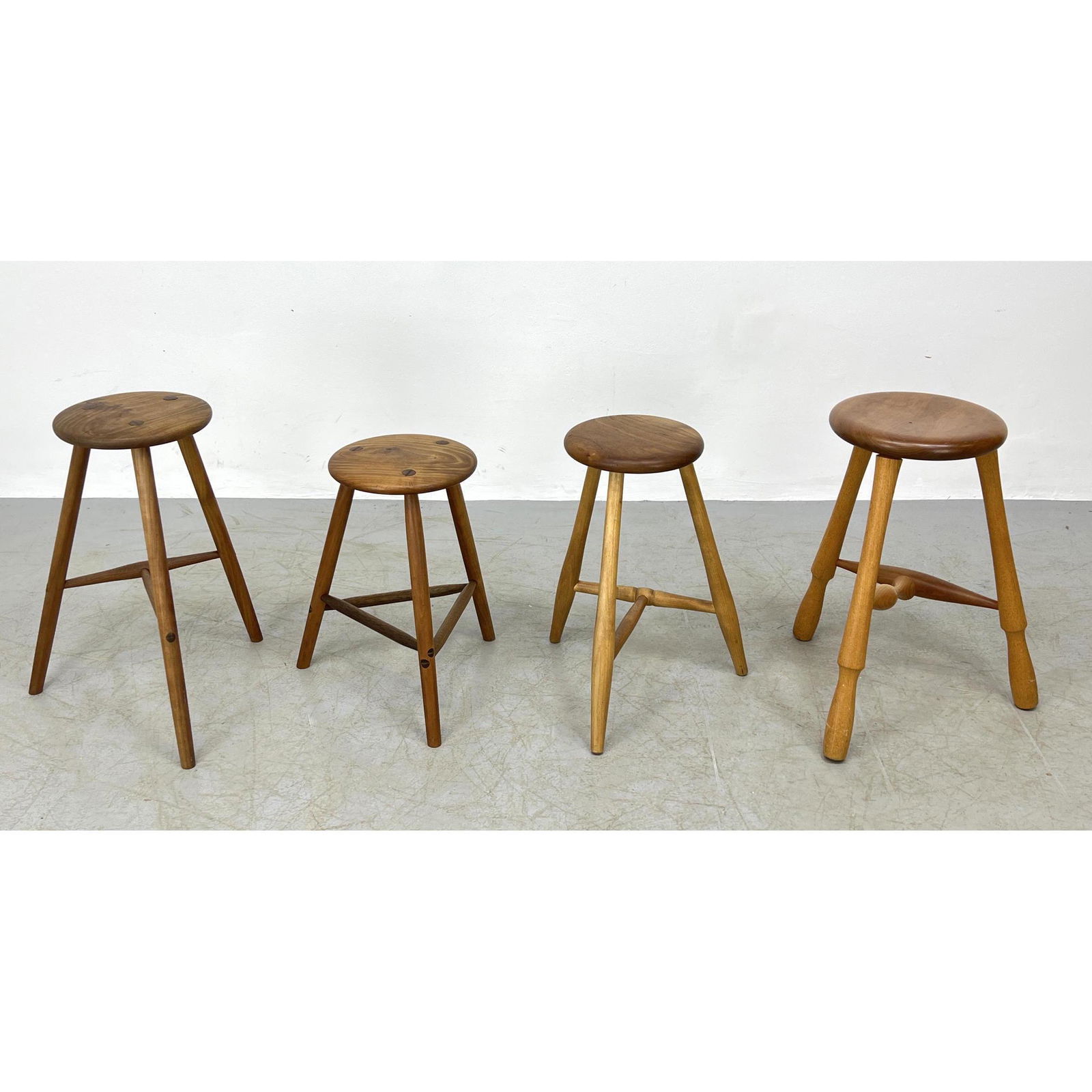 Lot 4 Three Legged Wood Stools. One signed DAVID W SCOT (1 of 8)
