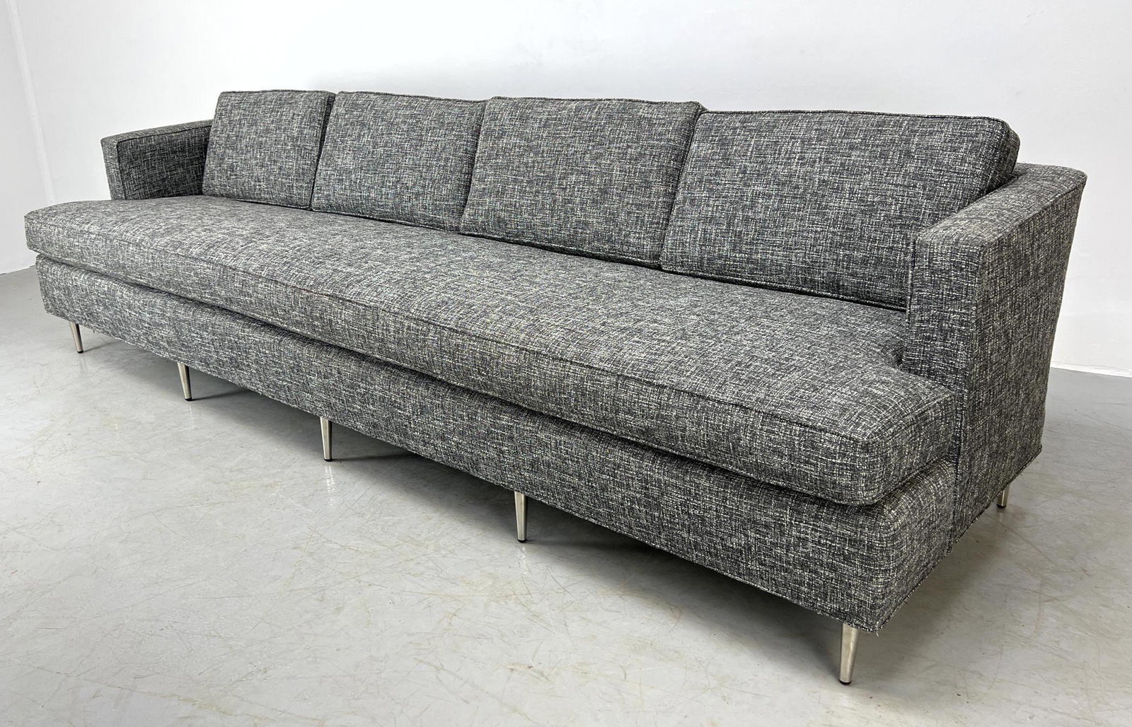 Very Long Upholstered  Sofa Couch. Gray Tweed Fabric. (1 of 9)