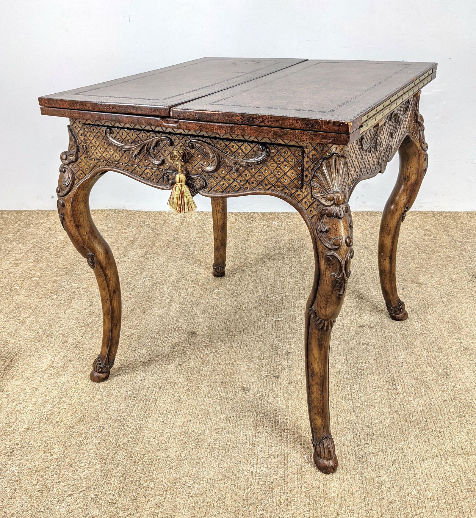 MAITLAND SMITH Leather Top Chess Game Table. Fancy Shel (1 of 15)