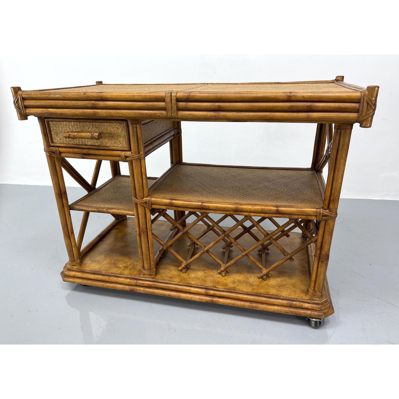 Faux Bamboo rattan Bar Cart Server. Pull out top. (1 of 10)