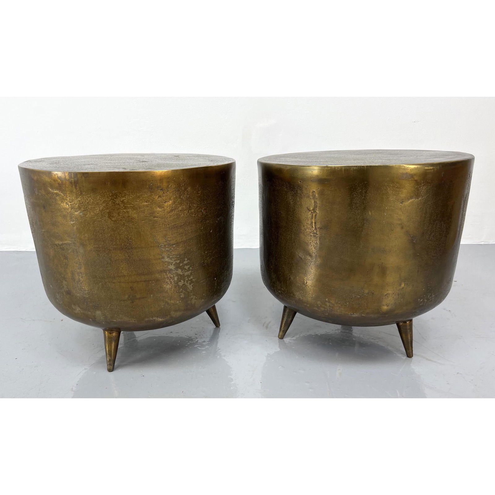 Pr Tribal All Metal Drum form Side Tables. Three Tapere (1 of 6)