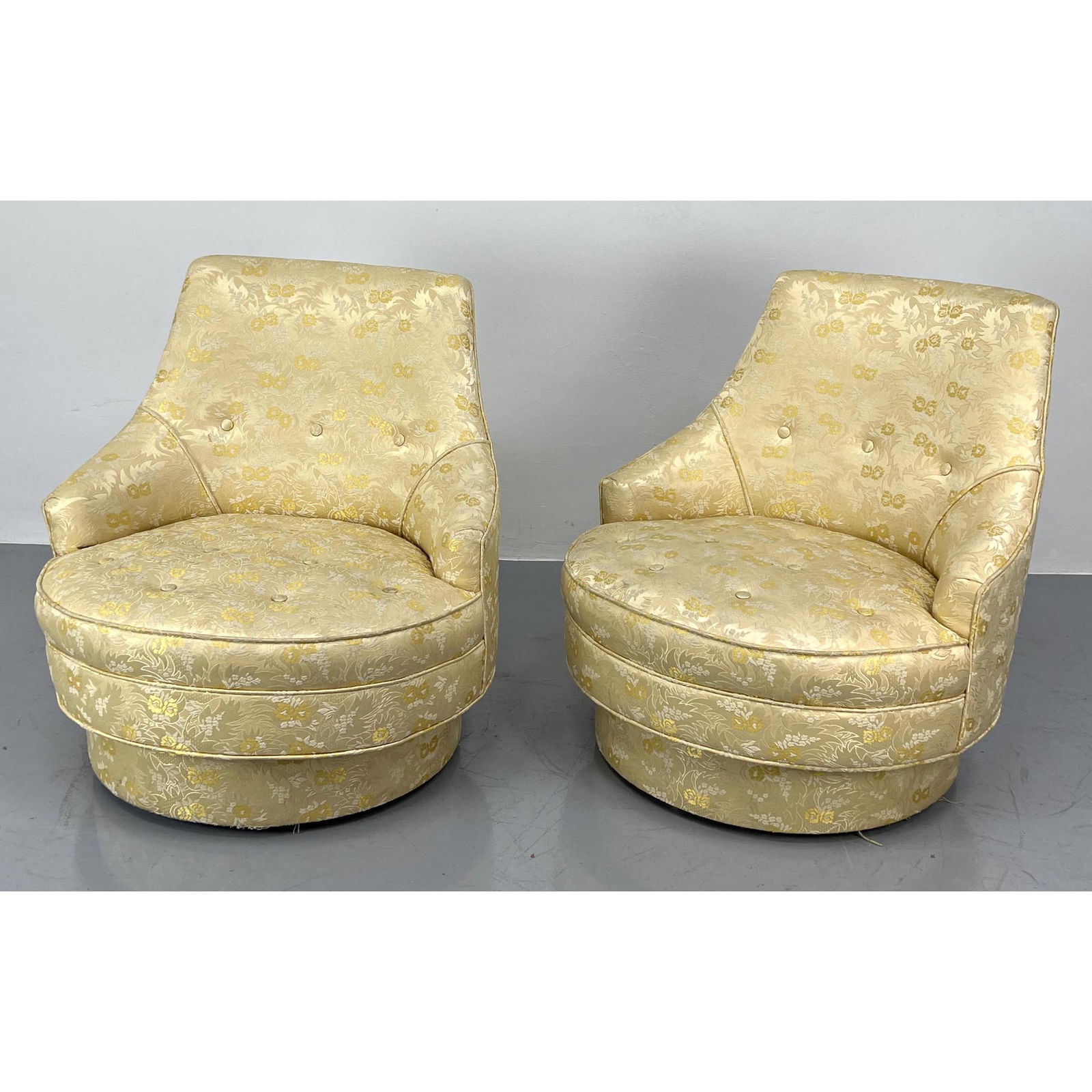 Pr Swivel Upholstered Barrel Back Lounge Chairs. Satin (1 of 9)
