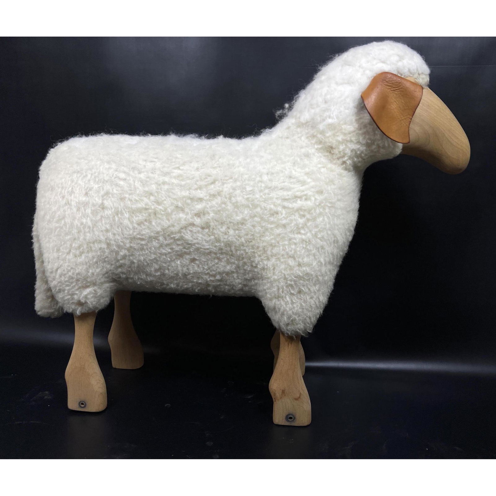 Standing Sheep Sculpture. Wool, Wood, and Leather. Pos: Standing Sheep Sculpture. Wool, Wood, and Leather. Possibly French Dimensions: H: 23 inches: W: 27 inches: D: 9 inches ---