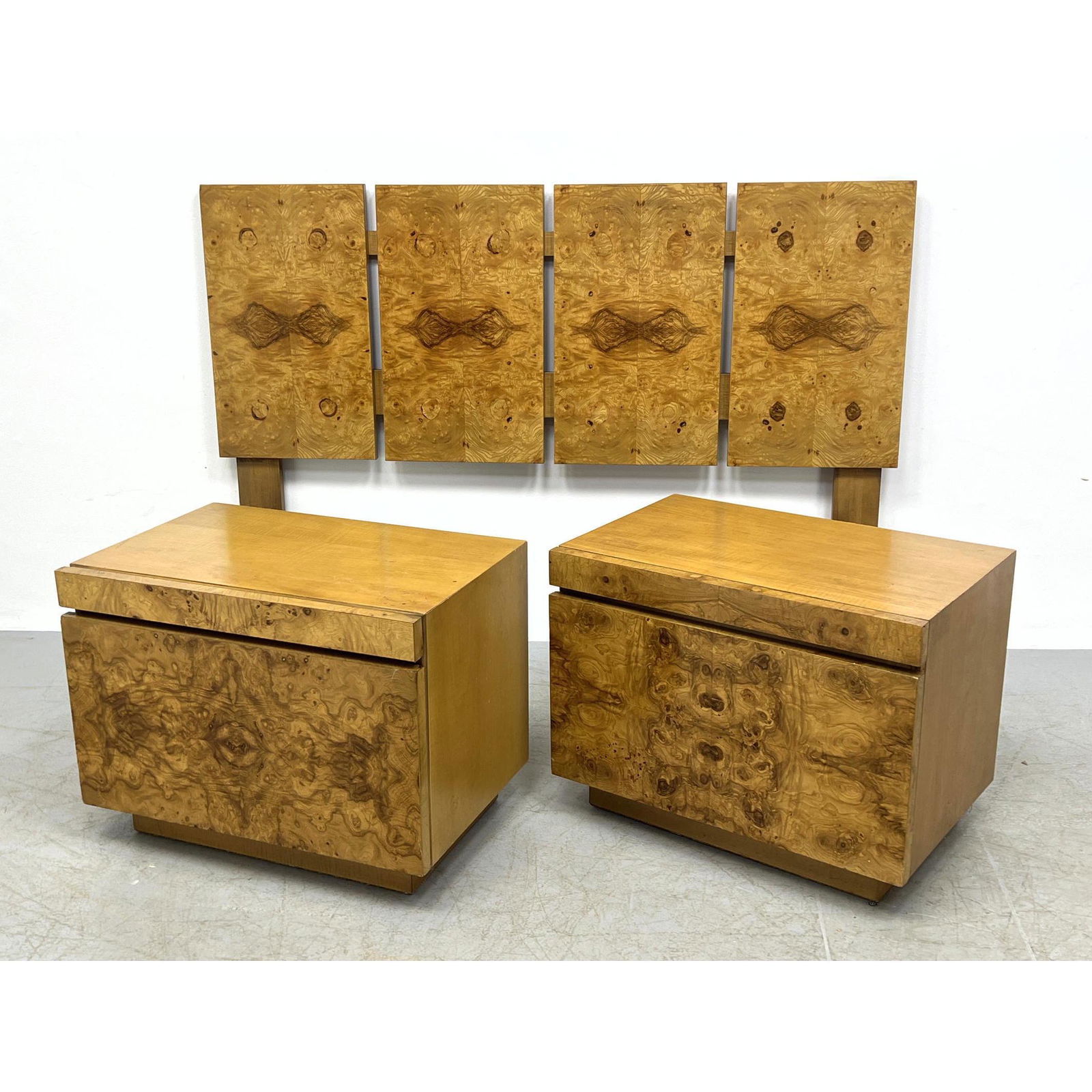 3pc LANE Burl Wood Modernist Headboard, Pr Night Stands (1 of 14)