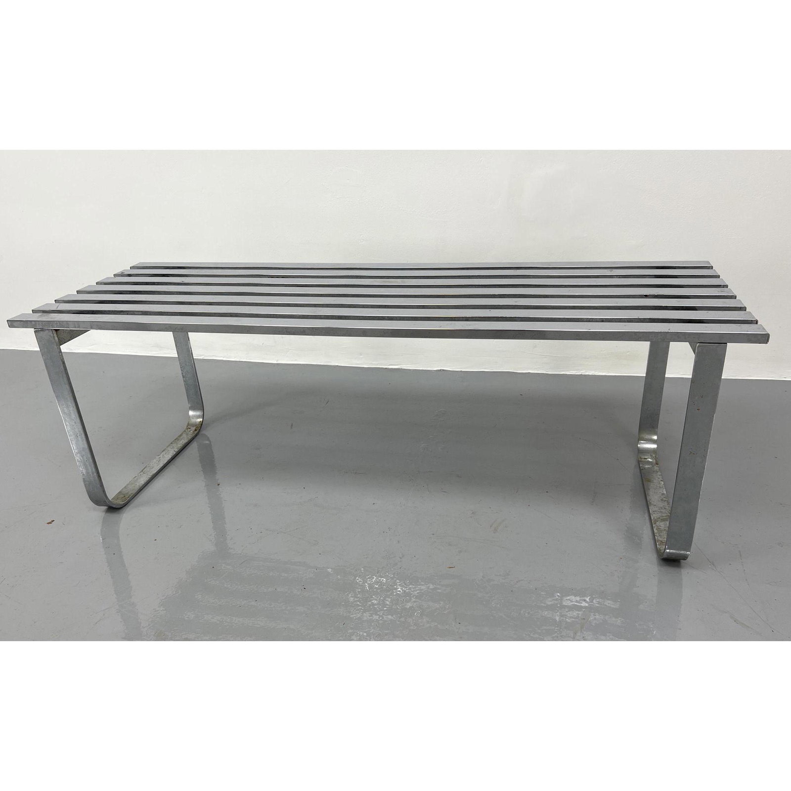 Solid Chrome Slat Bench. Wide flat "U" form Bases. (1 of 8)