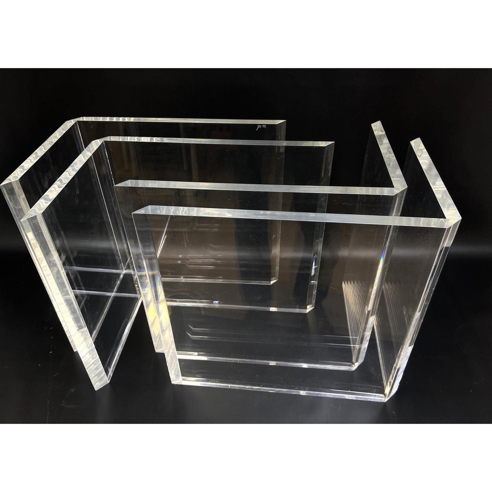 Four Lucite L shaped table bases signed JB 78 (1 of 4)