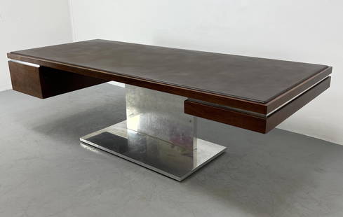 Large Warren Platner Executive Desk with Pedestal Base.: Large Warren Platner Executive Desk with Pedestal Base. Lehigh Leopold. Leather and Wood top on Stainless steel base. Dimensions: H: 30 inches: W: 97 inches: D: 40 inches ---