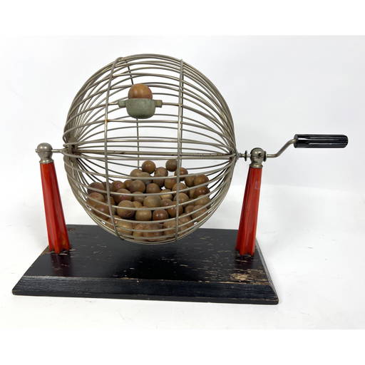 Vintage Bingo Ball Cage With Bakelite Uprights. Wood B