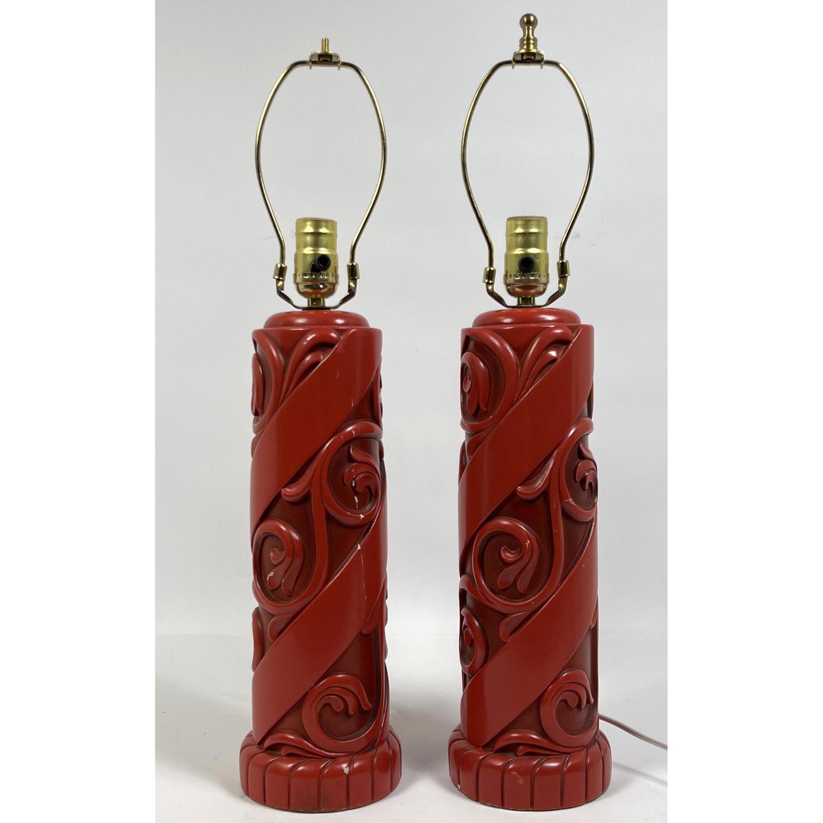 Pr Red Finish Modernist Column Table Lamps. Relief desi (1 of 10)