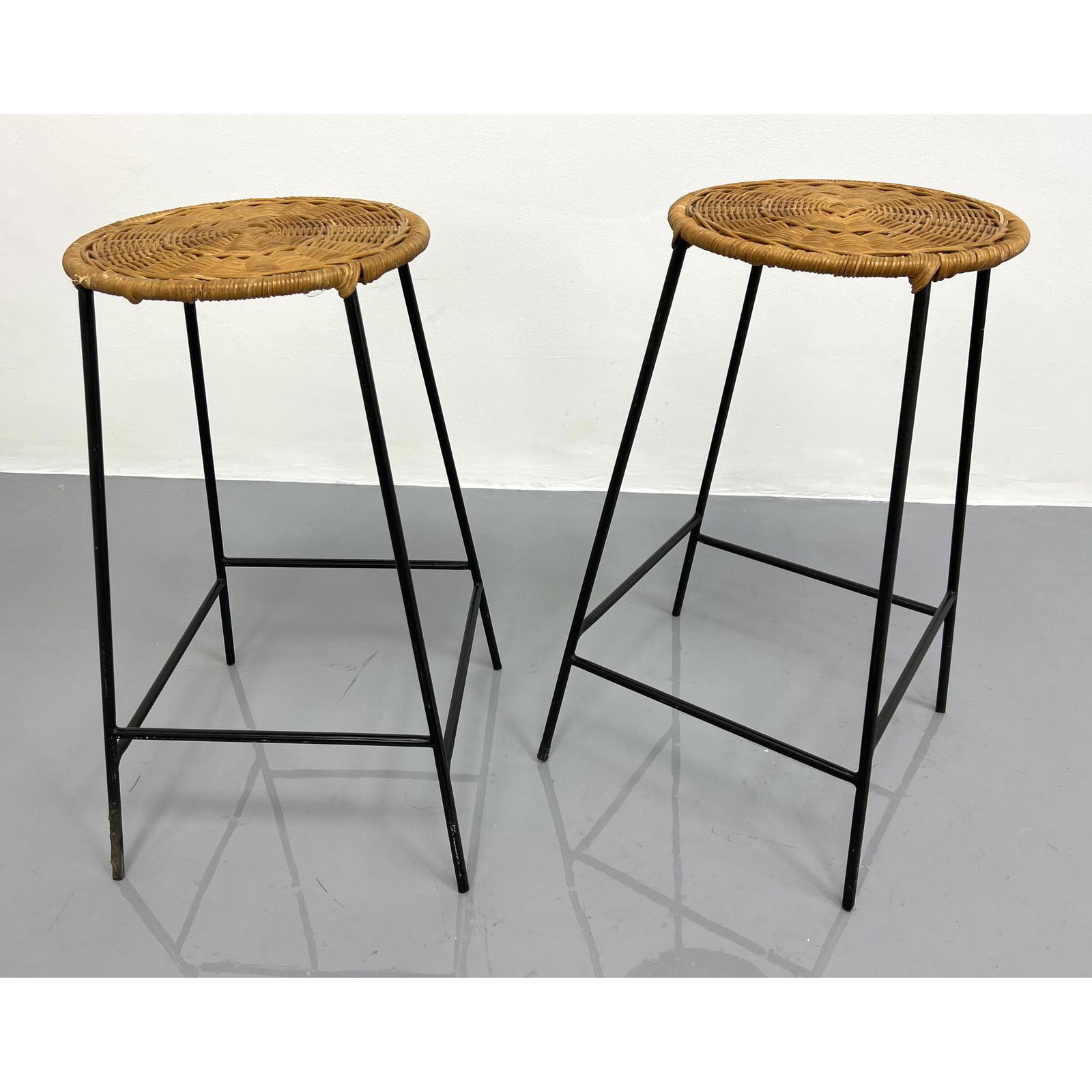 Pr Arthur Umanoff style Woven Rattan Iron Bar Stools. R (1 of 8)