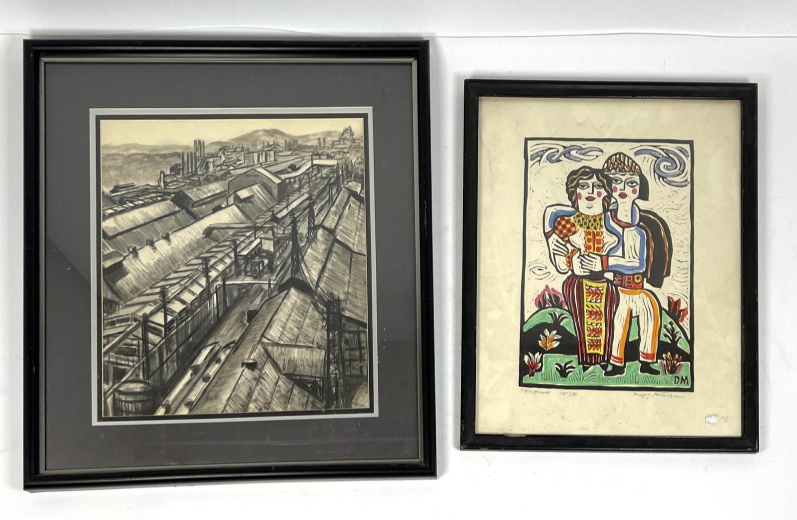 2pc Signed Art.  1) Industrial Drawing signed illegibly (1 of 9)