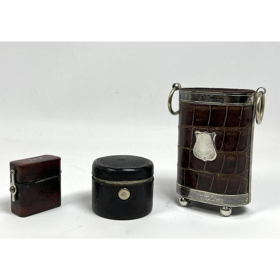 3pc Antique Leather Sterling Trim Lot 1) Crocodile Oval (1 of 12)