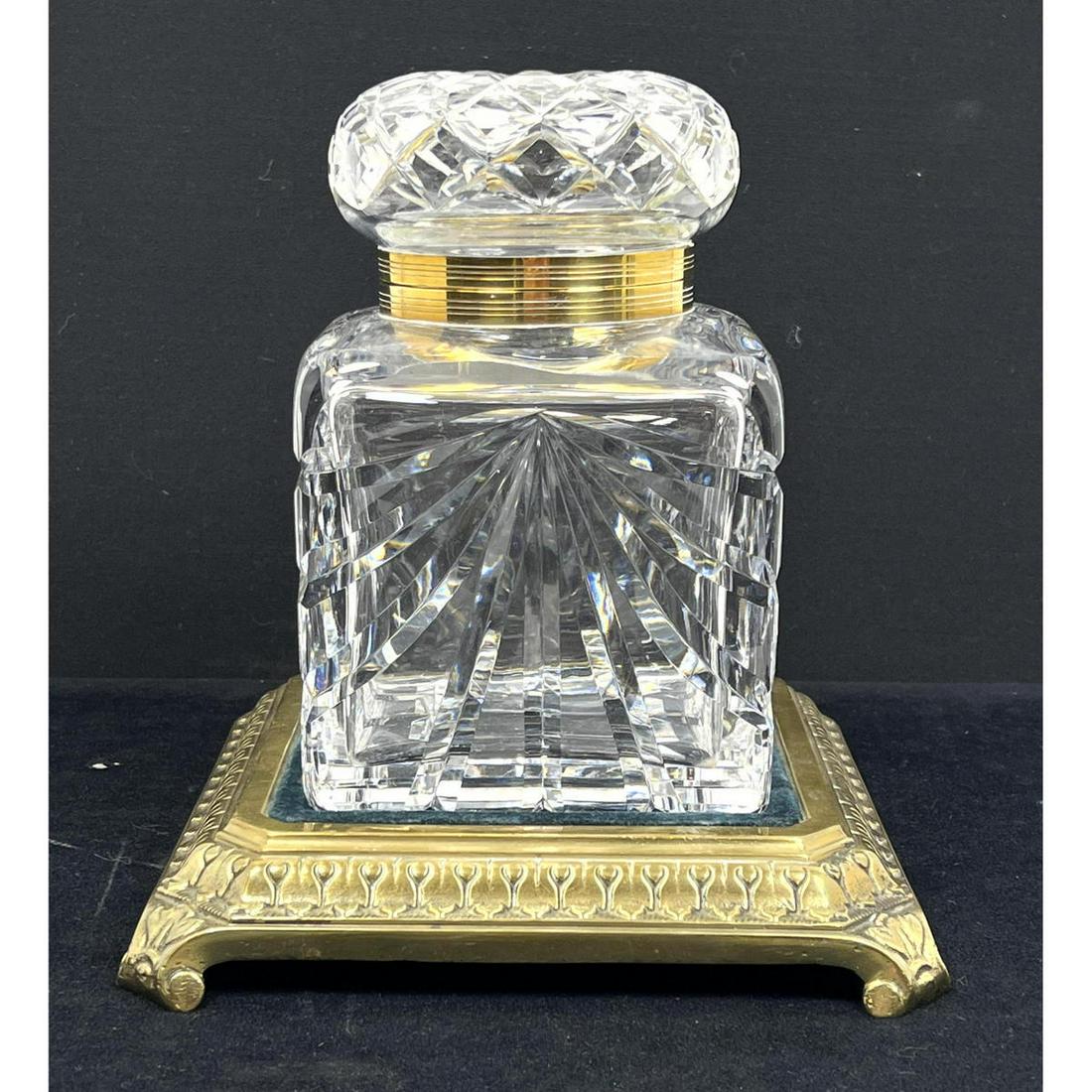 Large Vintage Cut Crystal Lidded Inkwell.  Gilt bronze (1 of 8)